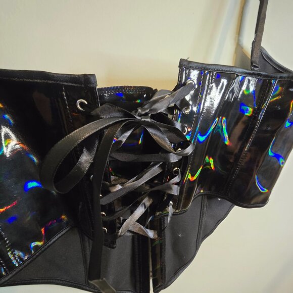 Holographic Black Gloss Under Bust Corset - Women's Plus Size 2X - Sexy - Picture 4 of 9